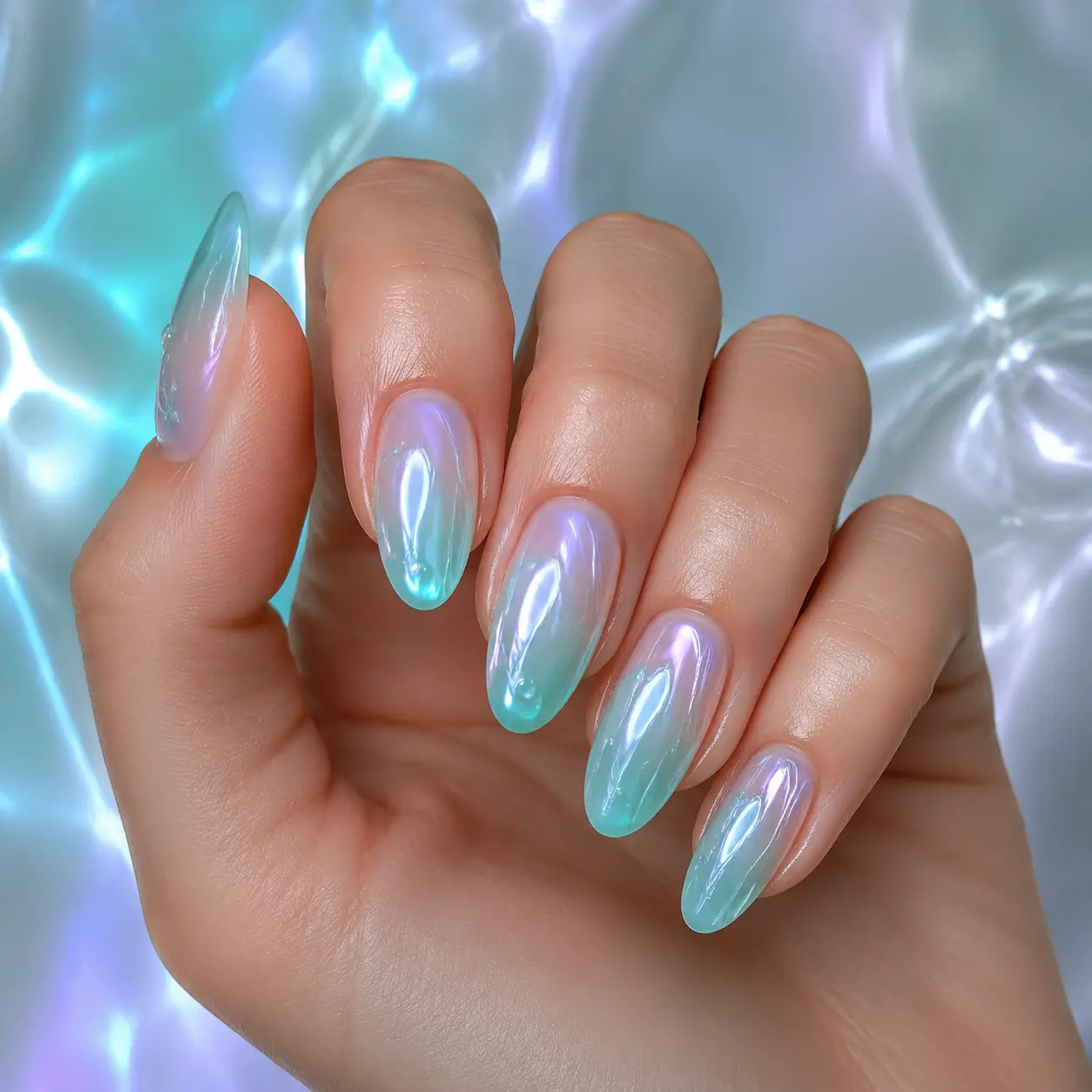 Manucure translucide aqua et lilas aux reflets nacrés