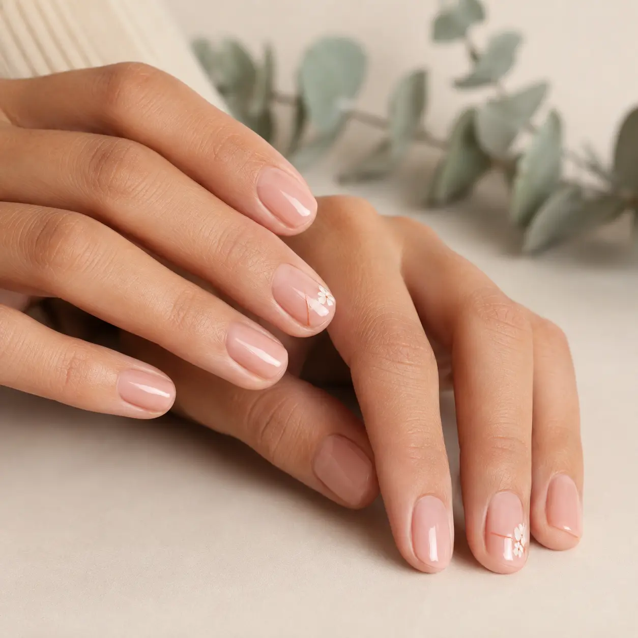 Manucure nude rosée avec nail art floral délicat