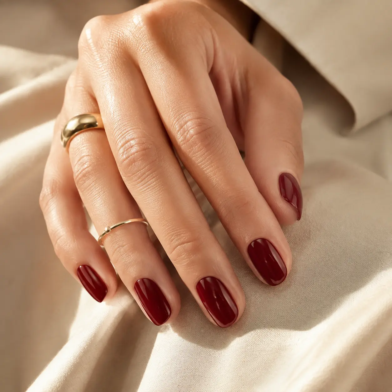 Manucure courte avec vernis bordeaux brillant